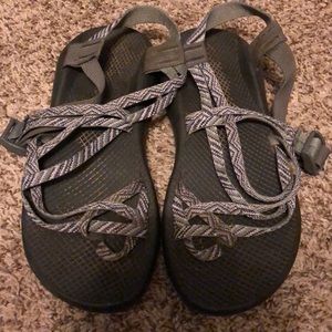Light grey and purple chacos
